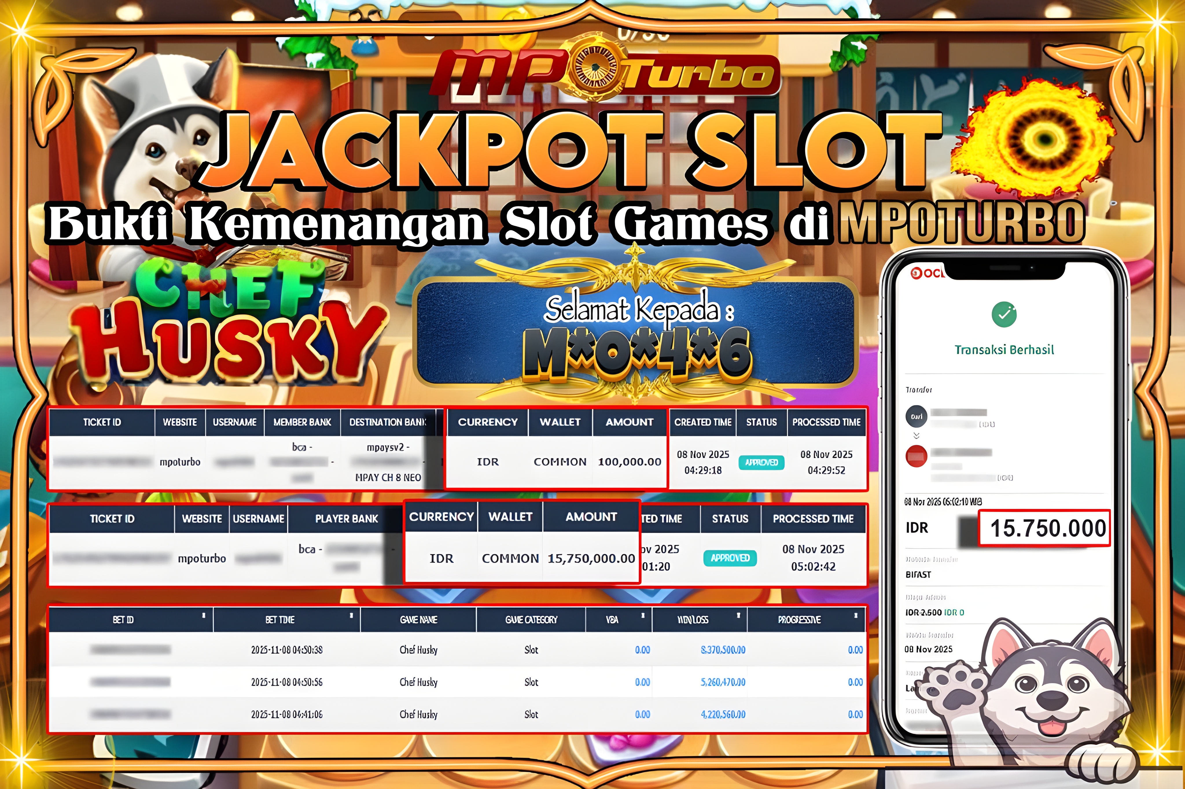 MPOTURBO JACKPOT CHEF HUSKY - PLAYSTAR Rp 15,750,000.00,- LUNAS